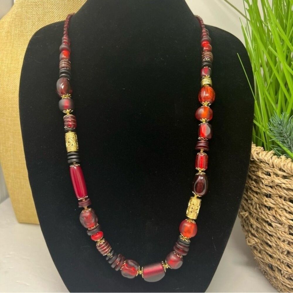 Chico's necklace red art glass beads on gold longline necklace art deco